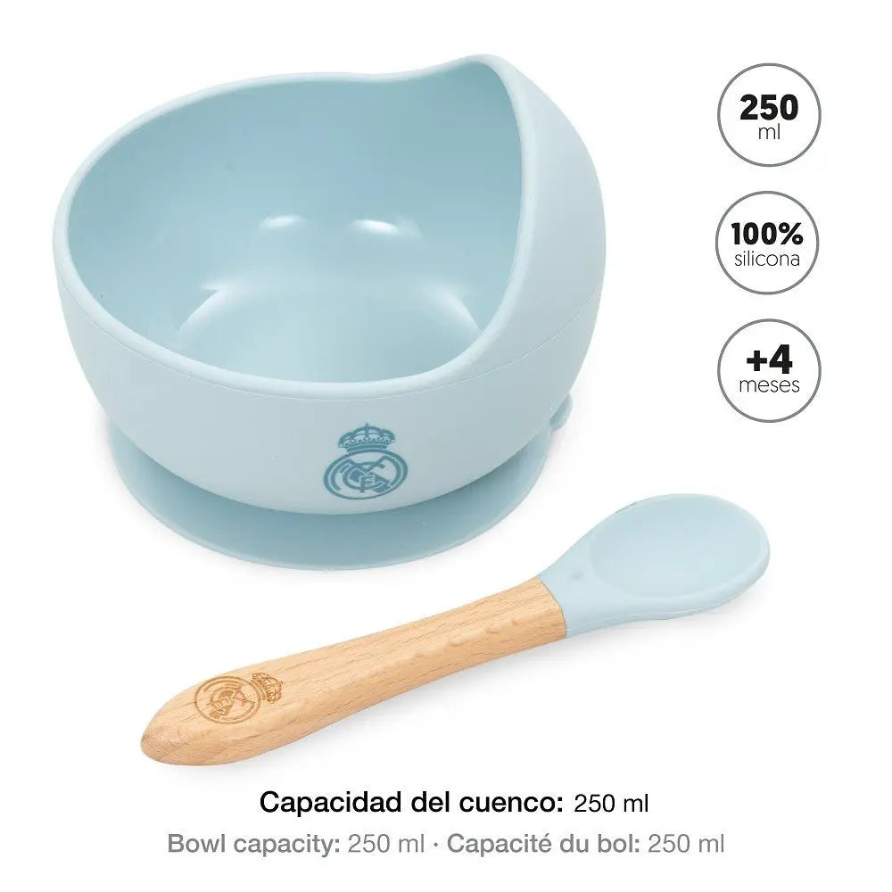 Baby Schüssel mit Saugnapf und Löffel Real Madrid blau 250 ml Silikon Set BPA frei ab 4 Monate rutschfest