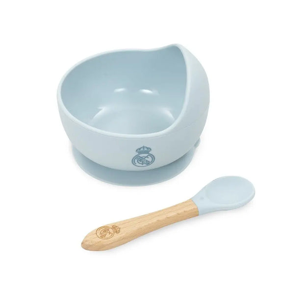 Baby Schüssel mit Saugnapf und Löffel Real Madrid blau Silikon rutschfest Set für Babys Ernährung BPA frei
