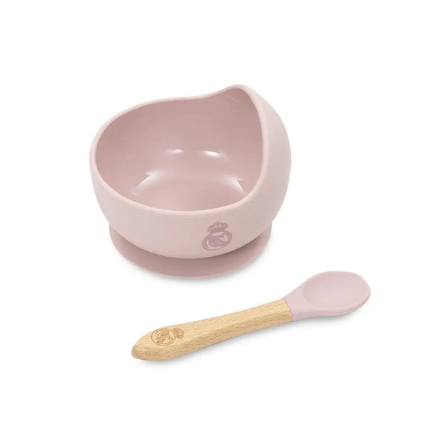 Baby Schüssel mit Saugnapf und Löffel Real Madrid rosa Silikon rutschfest BPA frei für Babys und Kleinkinder
