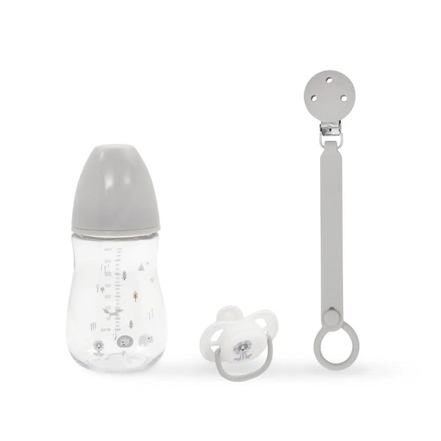 3-teiliges Baby Set mit Babyflasche, Schnuller und Schnullerkette in Grau