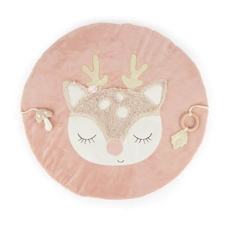 Runde Baby Spieldecke Reh Ella von Bieco in Rosa – weiche Krabbeldecke und Spielmatte mit niedlichem Reh-Motiv, sensorischen Spielelementen und kuscheliger Oberfläche für Babys ab Geburt