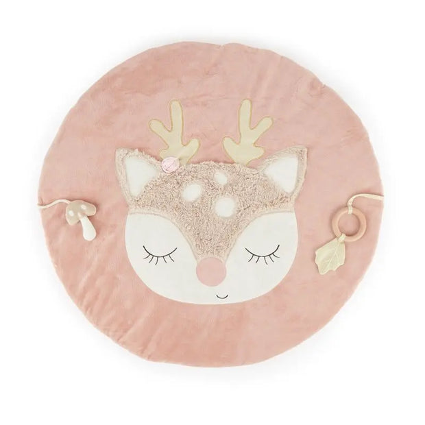 Runde Baby Spieldecke Reh Ella von Bieco in Rosa – weiche Krabbeldecke und Spielmatte mit niedlichem Reh-Motiv, sensorischen Spielelementen und kuscheliger Oberfläche für Babys ab Geburt