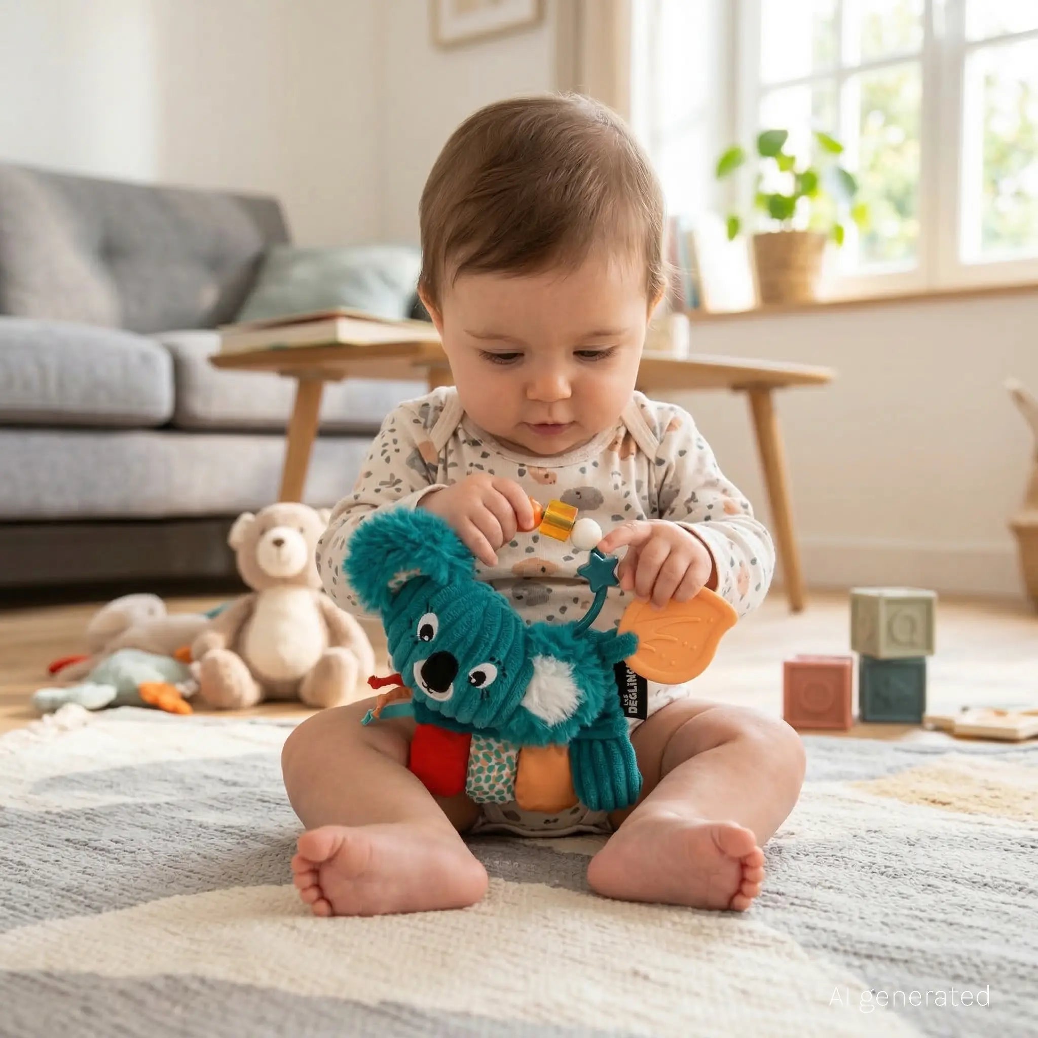 Baby sitzt auf dem Teppich und spielt mit einer Koala Activity Rassel mit Beißring und Motorikelementen