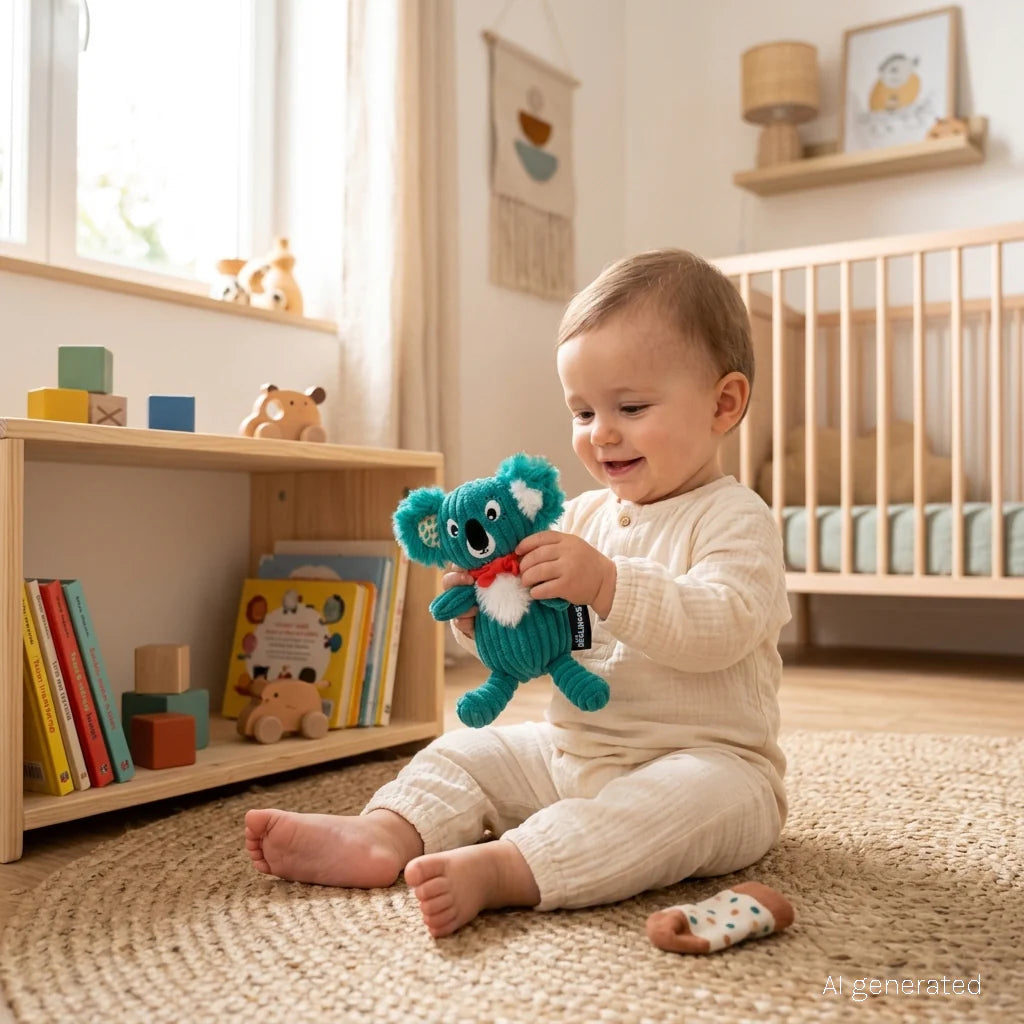 Baby sitzt im Kinderzimmer auf einem Teppich und spielt mit einem türkisen Koala Kuscheltier