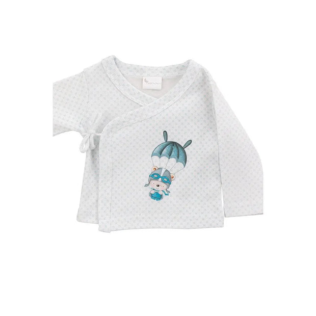 Baby Wickelshirt in Weiß und Blau mit Motiv – langärmliges Oberteil für Neugeborene