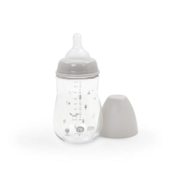 Babyflasche mit Sauger und Schutzkappe in Grau