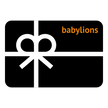 Digitale BabyLions-Geschenkkarte in Schwarz mit weißer Geschenkschleife und orangefarbenem Schriftzug „babylions“ – flexibel einlösbar im BabyLions-Online-Shop.