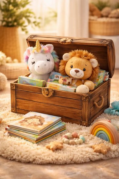 Baby Geschenkset mit Einhorn- und Löwen-Kuscheltier, Bilderbüchern und Spielzeug in geöffneter Schatzkiste