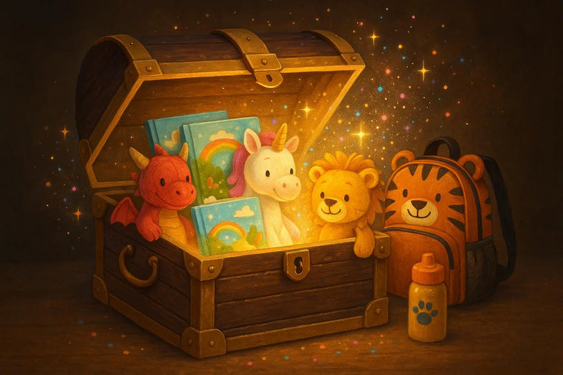 BabyLions® Schatzkiste voller Kuscheltiere und Kinderbücher – Drache, Einhorn, Löwe und Tiger-Rucksack – liebevolle Geschenkidee für Babys und Kleinkinder
