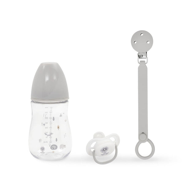 Baby Still- & Trinkset 3-teilig in Grau – Babyflasche, Schnuller und Schnullerclip
