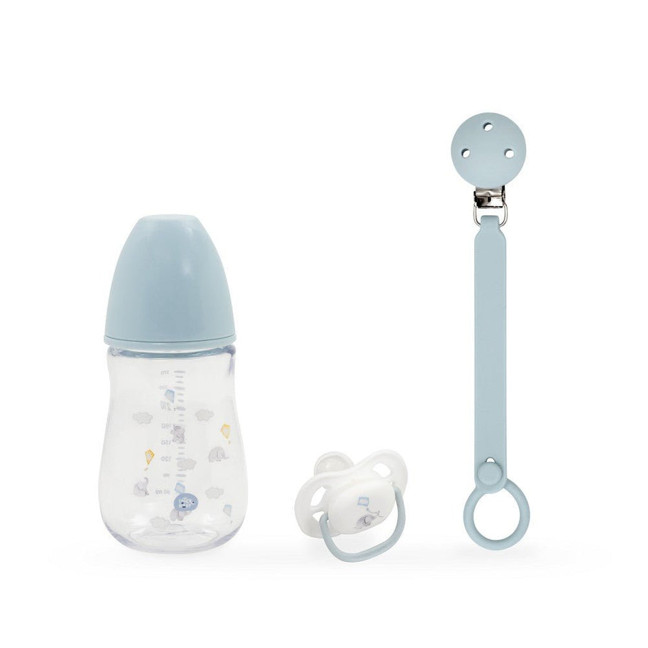 Baby Still- & Trinkset 3-teilig in Blau – Babyflasche, Schnuller und Schnullerclip