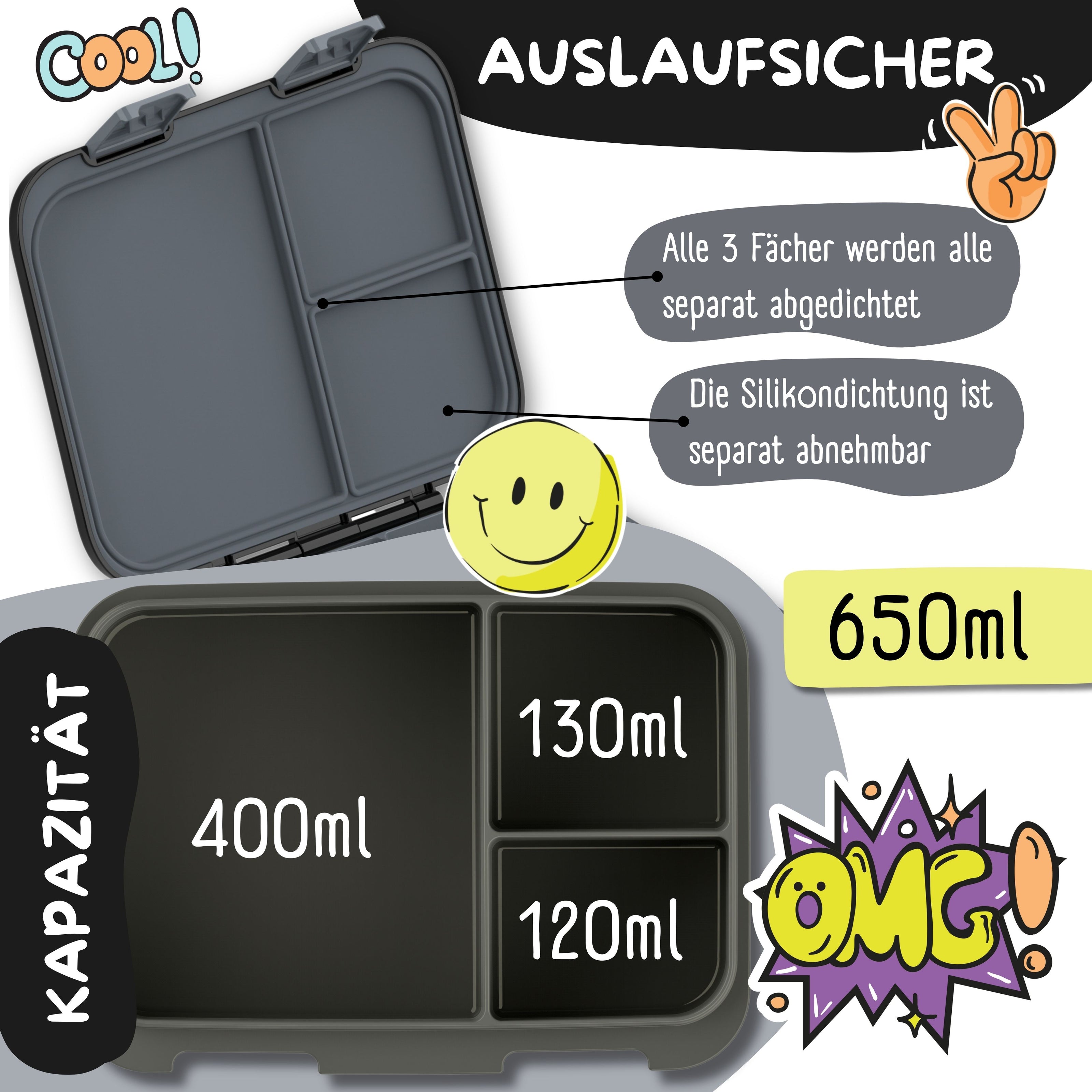 Bearfoot Kinder Brotdose schwarz 650 ml – auslaufsicher mit 3 separat abgedichteten Fächern, BPA-frei und ideal für Kindergarten und Schule
