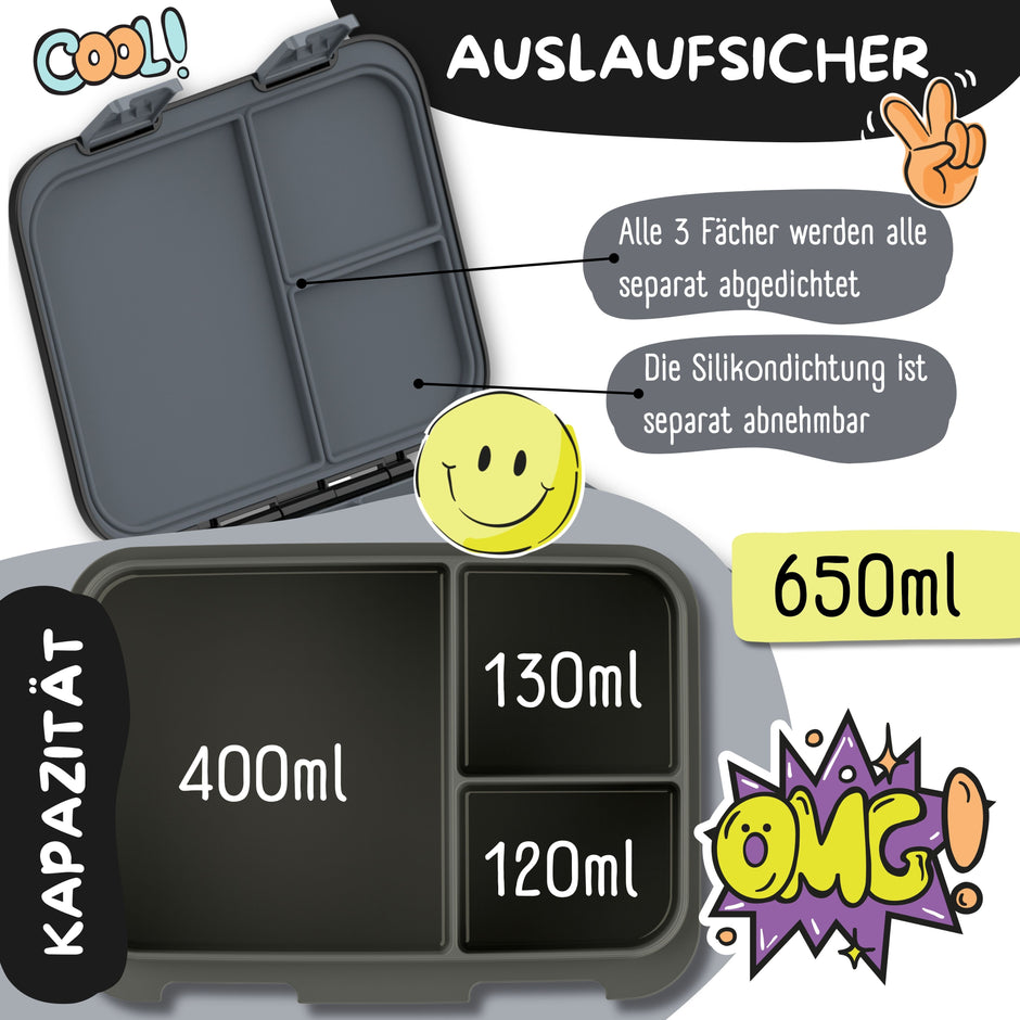 Bearfoot Kinder Brotdose schwarz 650 ml – auslaufsicher mit 3 separat abgedichteten Fächern, BPA-frei und ideal für Kindergarten und Schule