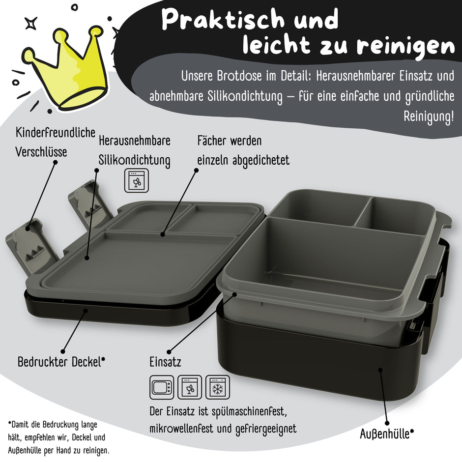 Bearfoot Kinder Brotdose schwarz mit Fächern – auslaufsichere Lunchbox mit herausnehmbarem Einsatz, Silikondichtung und kinderfreundlichen Verschlüssen für Kindergarten und Schule