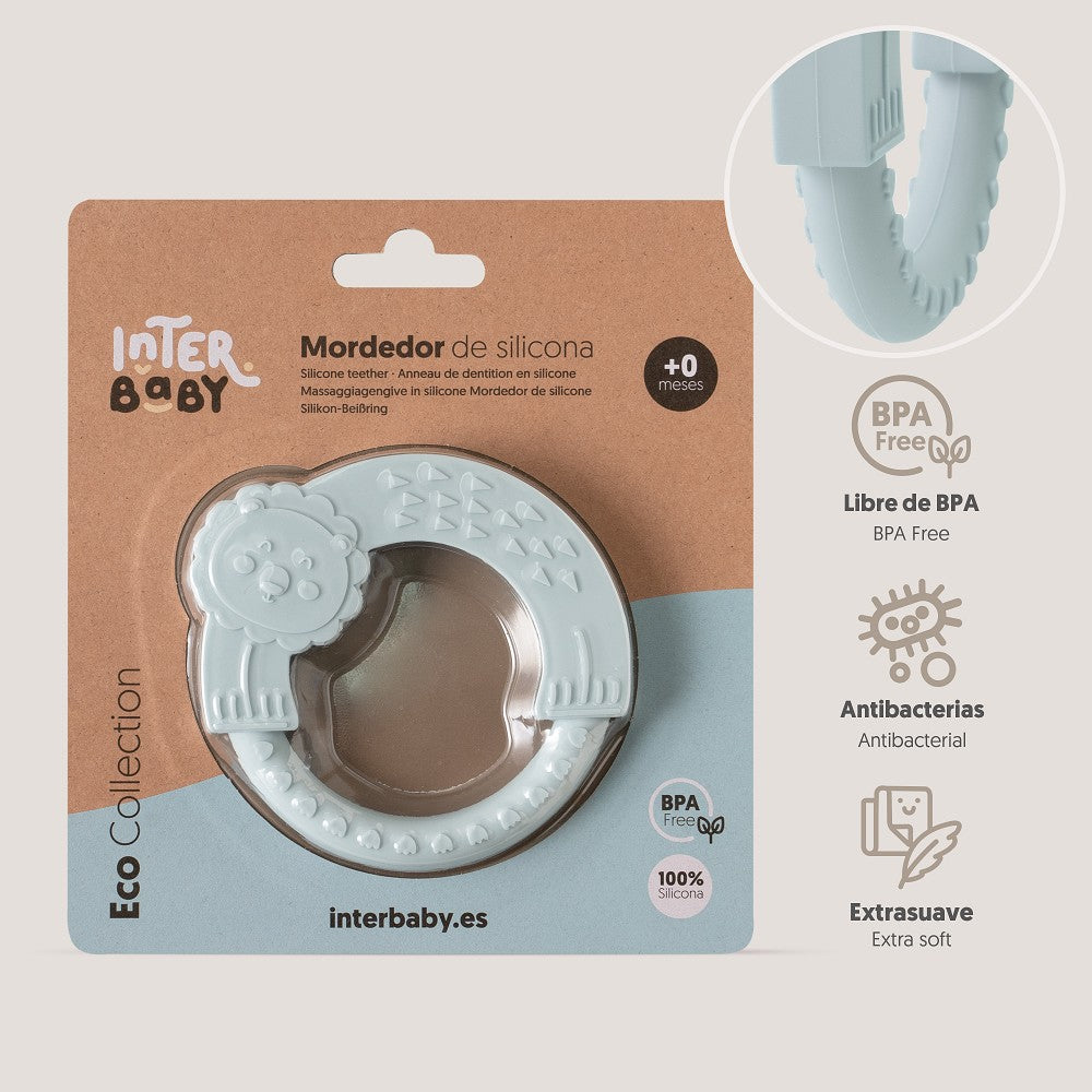 Silikon Beißring Löwe hellblau in Verpackung, BPA-frei, antibakteriell, Zahnungsspielzeug für Babys