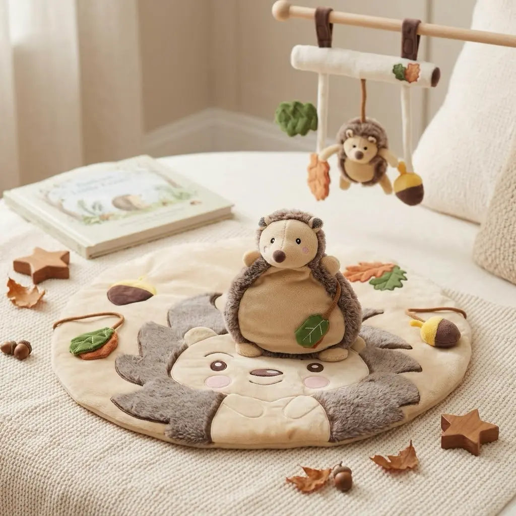 Bieco Baby Geschenkset Igel mit Spieldecke, Plüschtier und Kinderwagen-Anhänger in Beige und Braun