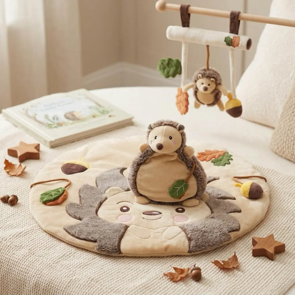 Bieco Baby Geschenkset Igel mit Spieldecke, Plüschtier und Kinderwagen-Anhänger in Beige und Braun