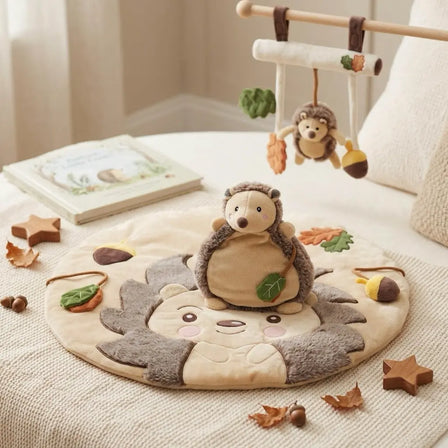 Bieco Baby Geschenkset Igel mit Spieldecke, Plüschtier und Kinderwagen-Anhänger in Beige und Braun