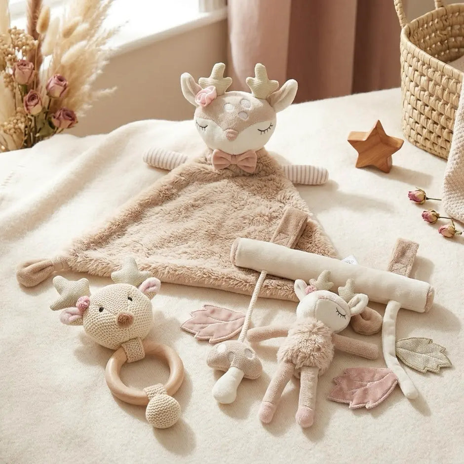 Bieco Baby Geschenkset Reh mit Greifling, Schmusetuch und Kinderwagen-Anhänger in Beige und Rosa