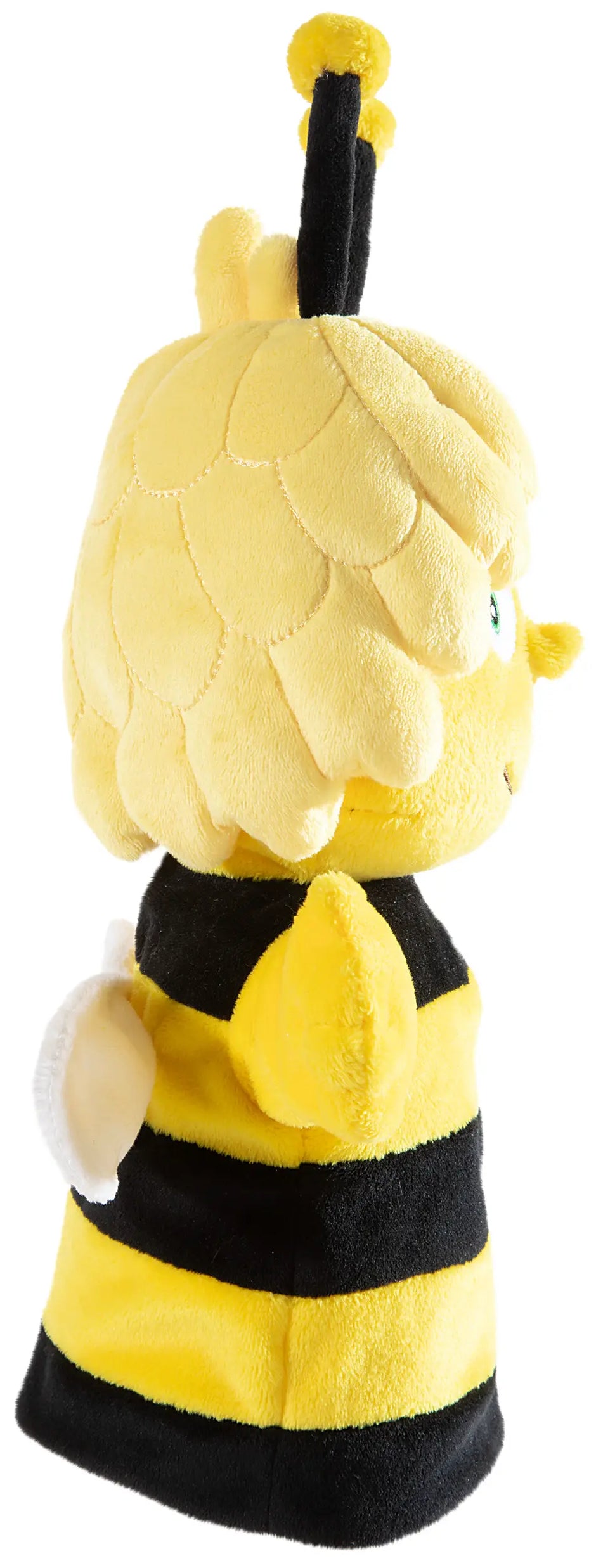 Biene Maja Handpuppe 25 cm aus Plüsch – Seitenansicht mit Flügeln und gelb-schwarzem Design