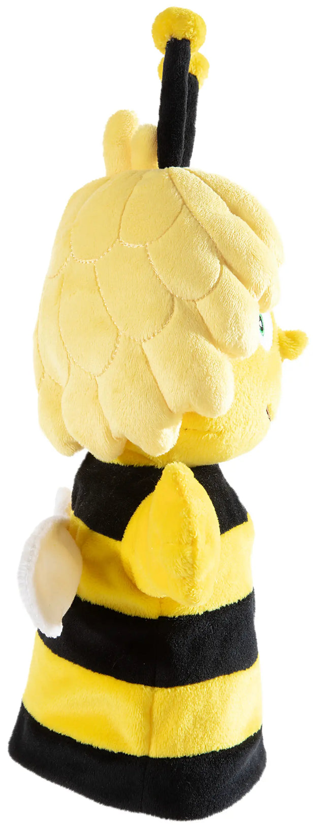 Biene Maja Handpuppe 25 cm aus Plüsch – Seitenansicht mit Flügeln und gelb-schwarzem Design