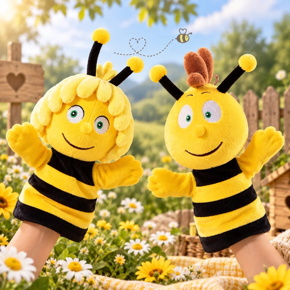 Biene Maja und Willi Handpuppen im Set – Plüsch Handpuppen für Kinder auf Blumenwiese