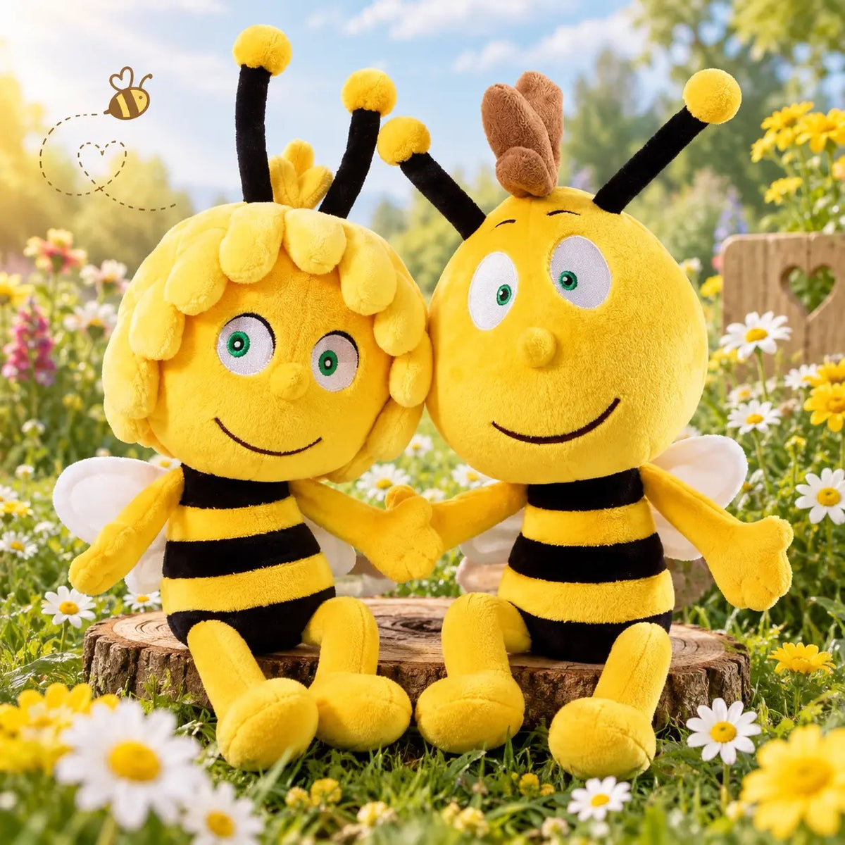 Biene Maja und Willi Kuscheltiere im Set – Plüschfiguren für Kinder auf Blumenwiese