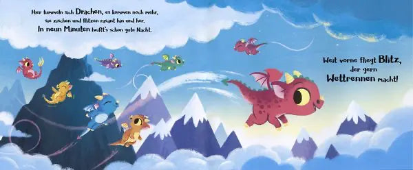 Bunte Bilderbuch-Illustration mit kleinen Drachen beim Wettrennen über verschneiten Bergen