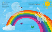 Bunte Bilderbuch-Illustration mit Löwe auf einem Regenbogen und Sonne