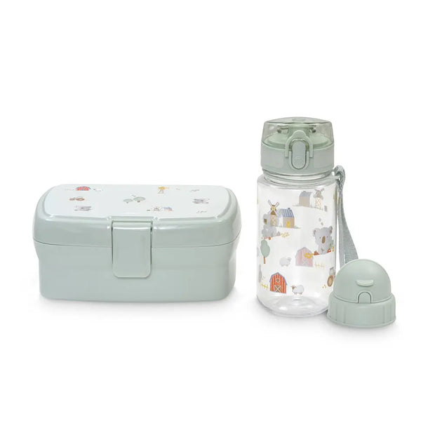 Brotdose und Tritan-Trinkflasche im Farm-Design in Mintgrün für Kindergarten, Schule und unterwegs.