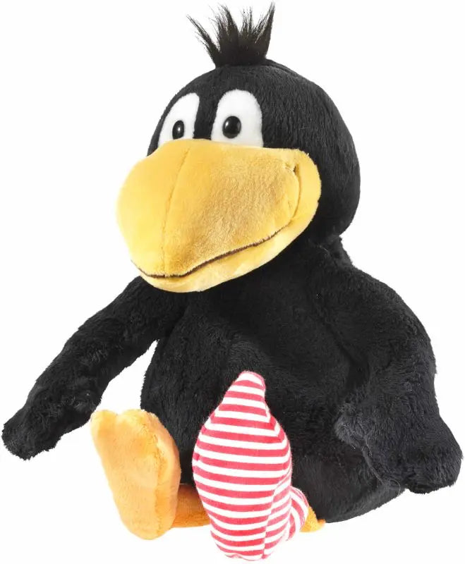 Der kleine Rabe Socke 25 cm Plüschtier von Heunec – schwarzes Kuscheltier mit gelbem Schnabel und rot-weißer Ringelsocke