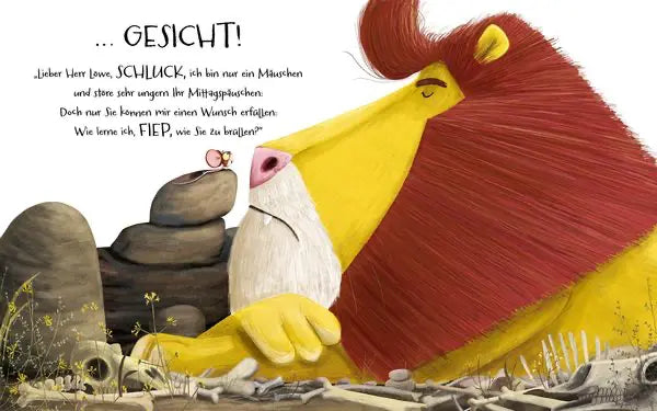Illustration aus dem Bilderbuch „Der Löwe in dir“ von Magellan mit Löwe und kleiner Maus