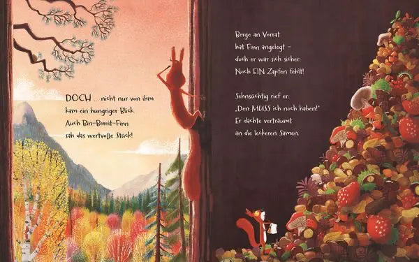 Illustration aus dem Bilderbuch „Die Streithörnchen“ von Magellan mit Eichhörnchen Finn und großem Futtervorrat