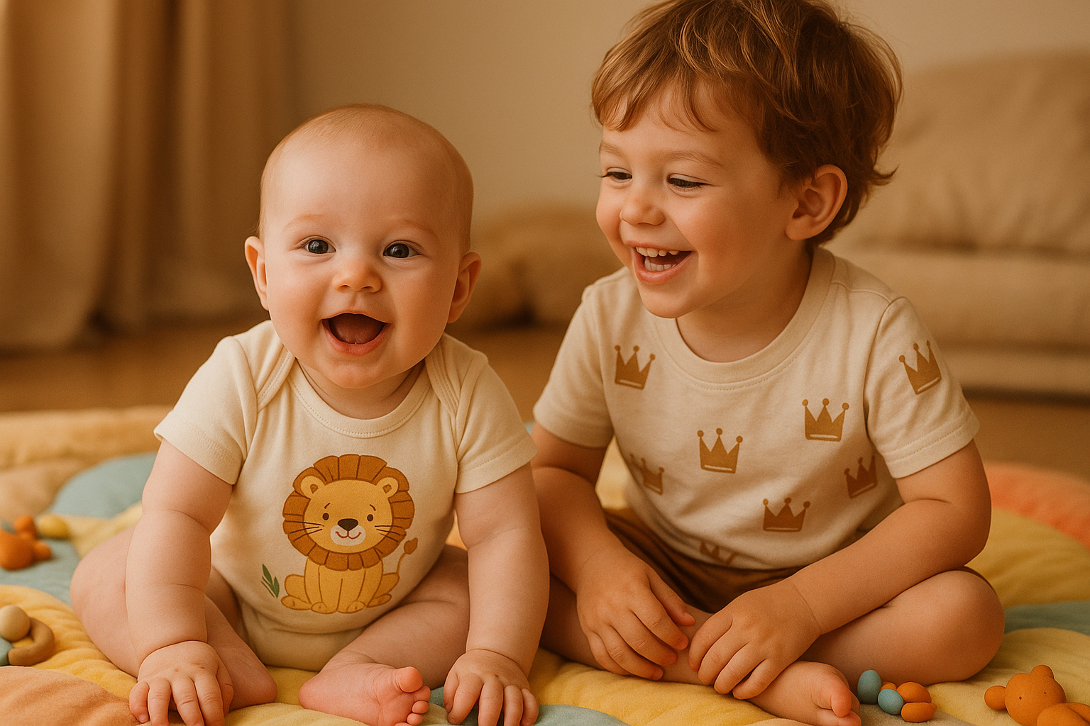 Ein Baby und ein Kleinkind spielen zusammen fröhlich auf einer weichen Spielmatte. Beide tragen Babykleidung aus der BabyLions-Kollektion – das Baby einen süßen Body mit Löwenmotiv, das Kleinkind ein T-Shirt mit Krone. Die Szene wirkt warm, liebevoll 