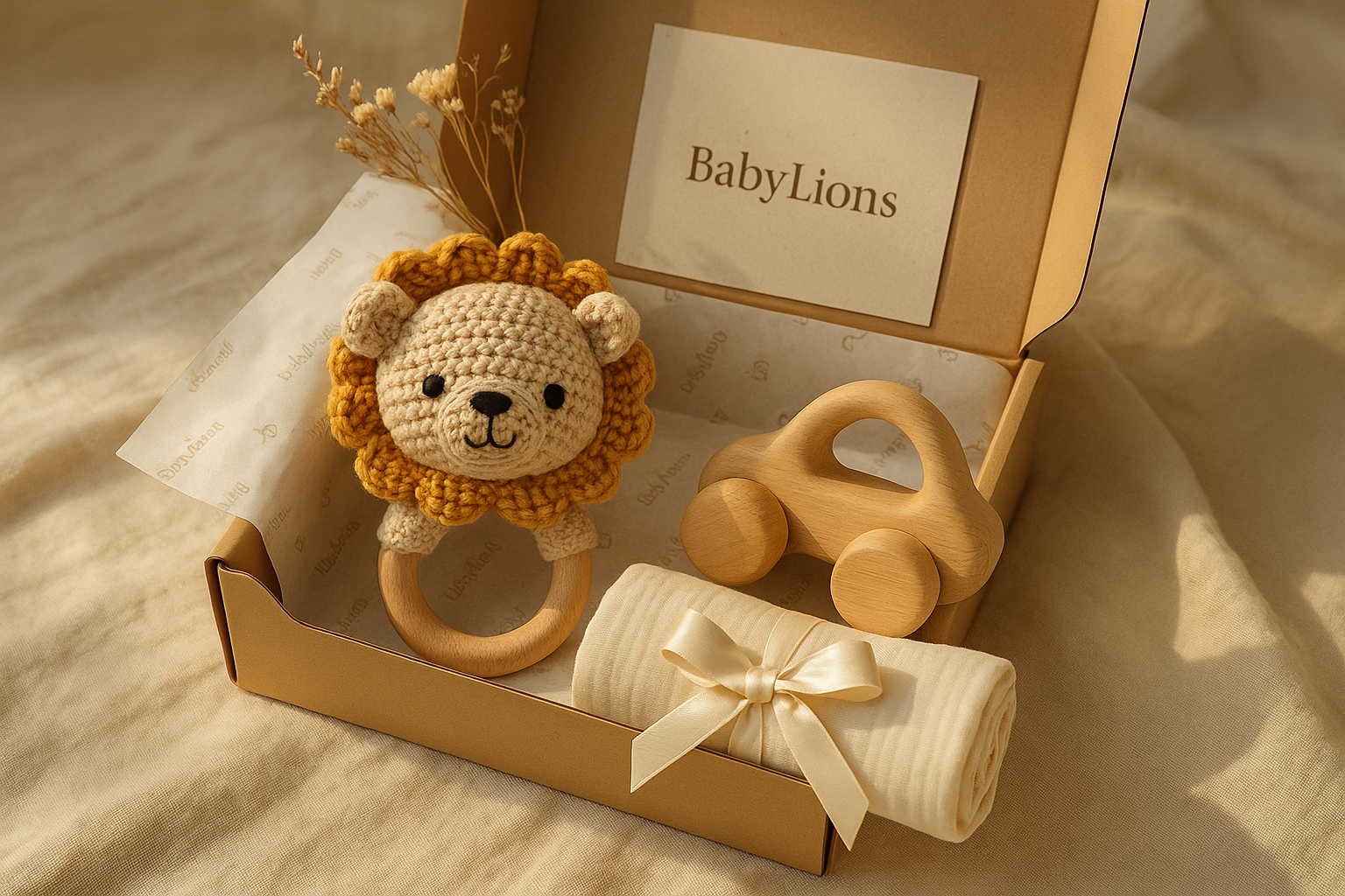 Geschenkset für Neugeborene mit handgehäkeltem Löwen-Greifring, Musselin-Decke mit Schleife, Holz-Motorikspielzeug und Geschenkbox auf natürlicher Unterlage mit BabyLions-Seidenpapier – liebevoll arrangiert für einen stilvollen Start ins Leben.