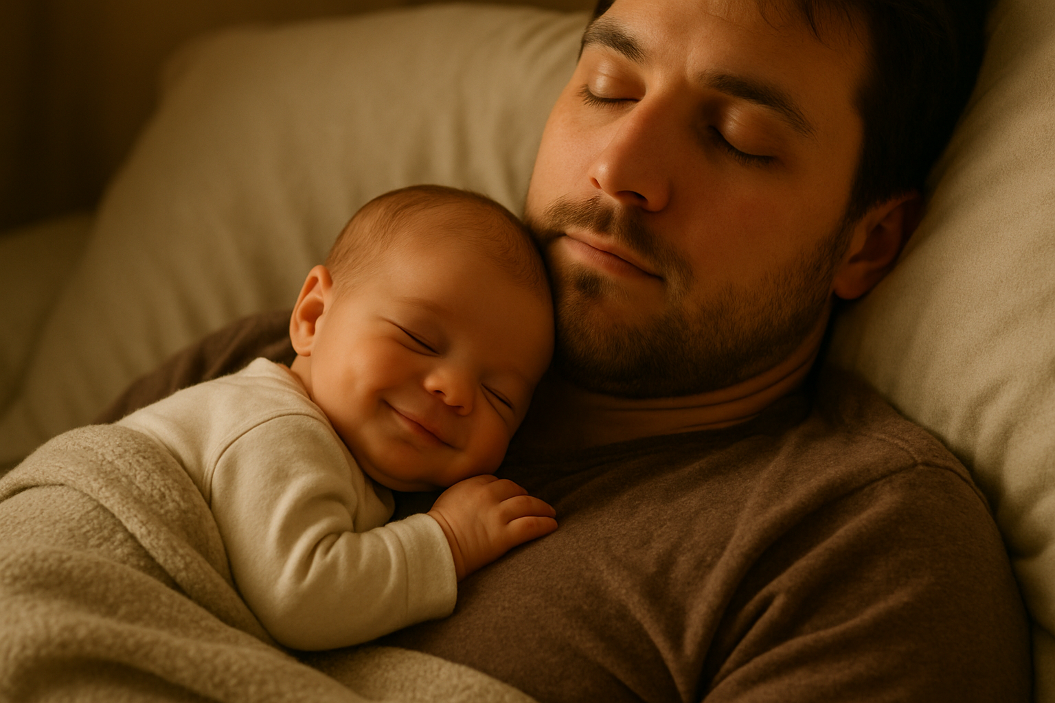 Ein Neugeborenes schläft auf der Brust seines Vaters und lächelt leicht im Schlaf. Beide liegen unter einer weichen Decke. Der Vater hält das Baby liebevoll und hat die Augen geschlossen. Die Szene wirkt ruhig und geborgen.