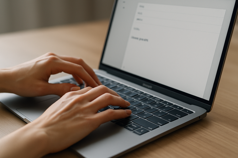Eine weibliche Hand tippt gerade auf einem MacBook-Keyboard, während eine E-Mail verfasst wir. Der Fokus liegt auf den Händen und dem Laptop