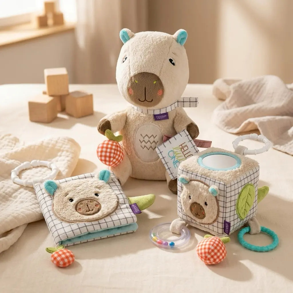 Fehn Capybara Babyspielzeug mit Activity-Würfel, Stoffbuch und Kuscheltier