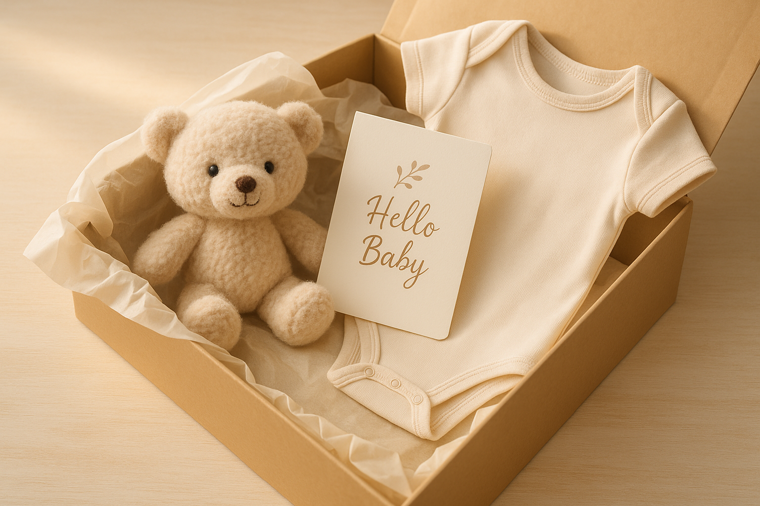geöffnetem Geschenkset (z. B. Kuscheltier + Karte + Body),