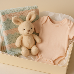Geschenkset in cremefarbener Box mit weicher Babydecke in Pastellgrün und Rosa, beigefarbenem Plüschhasen und rosa Kurzarm-Body – liebevoll zusammengestellt, erhältlich bei BabyLions.
