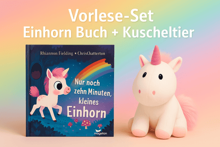 Vorlese-Set Einhorn: Bilderbuch Nur noch zehn Minuten, kleines Einhorn mit passendem Kuscheltier-Einhorn auf Regenbogen-Hintergrund