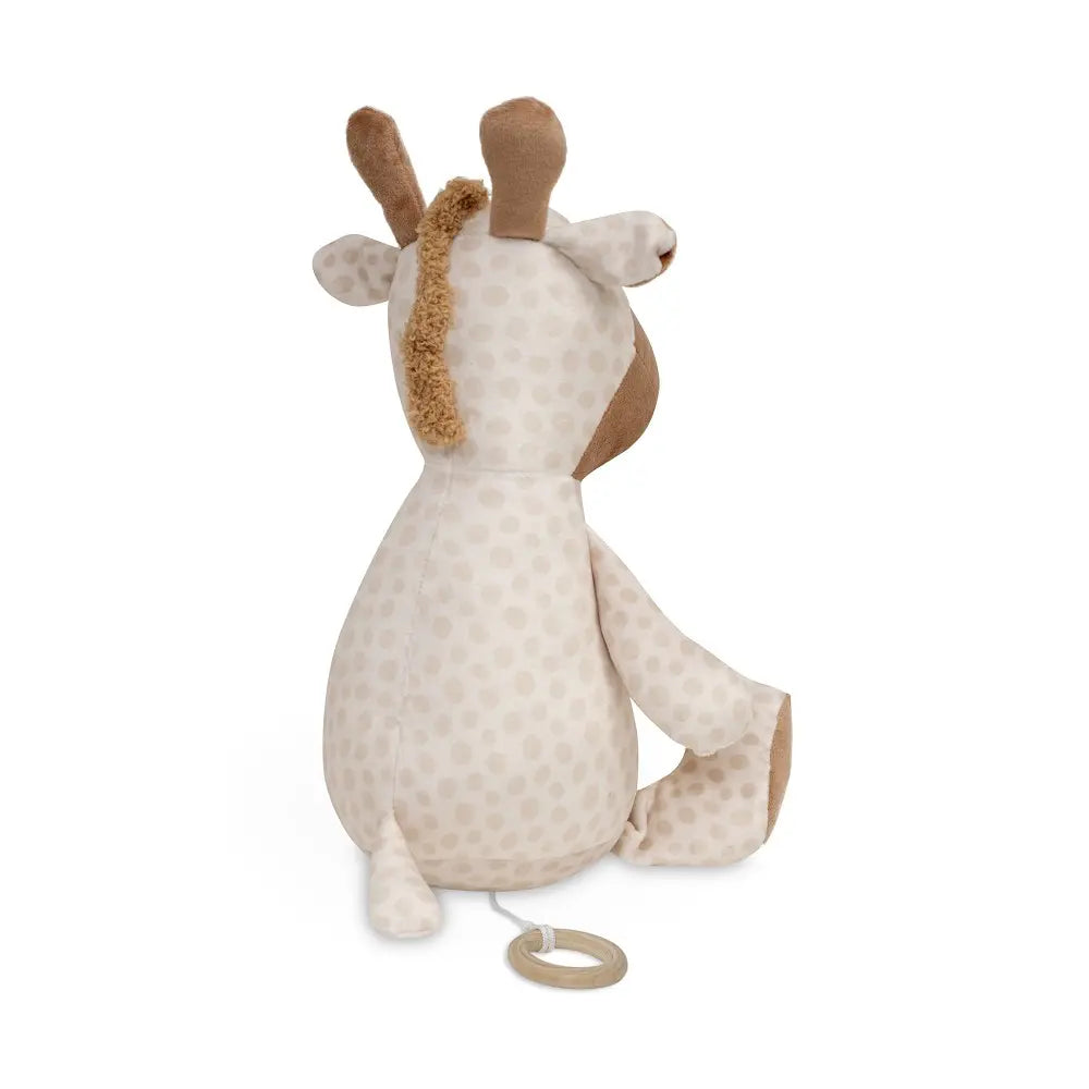 Giraffen-Kuscheltier mit Spieluhr in Beige und Braun – seitliche Rückansicht mit weichem Plüsch, Giraffenmähne und Zugring.
