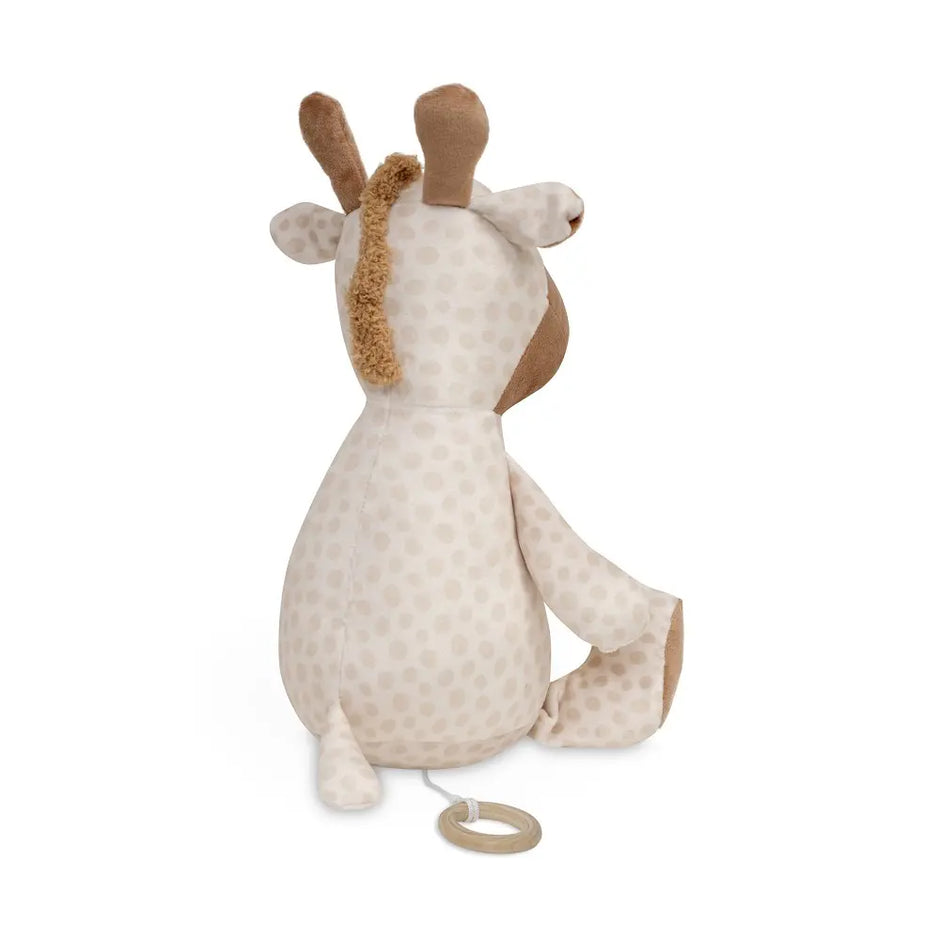 Giraffen-Kuscheltier mit Spieluhr in Beige und Braun – seitliche Rückansicht mit weichem Plüsch, Giraffenmähne und Zugring.