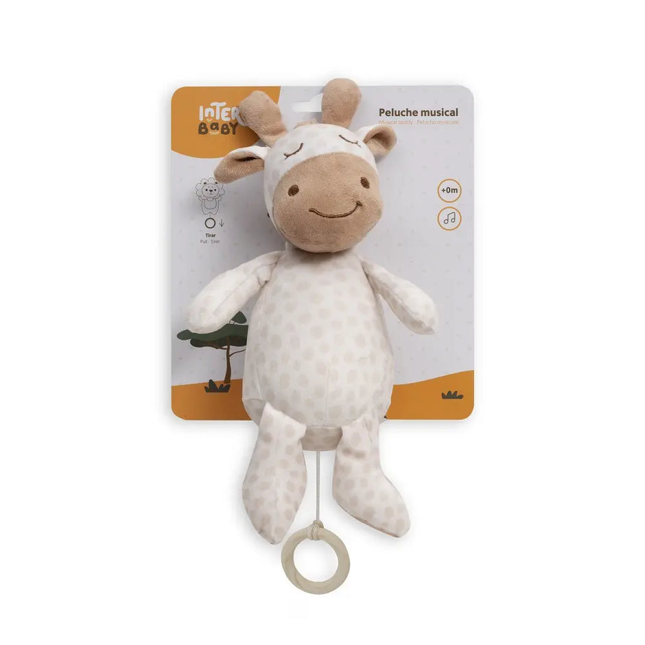 Giraffen-Kuscheltier in Beige und Braun mit integrierter Spieluhr und Zugring – Vorderansicht in Originalverpackung.