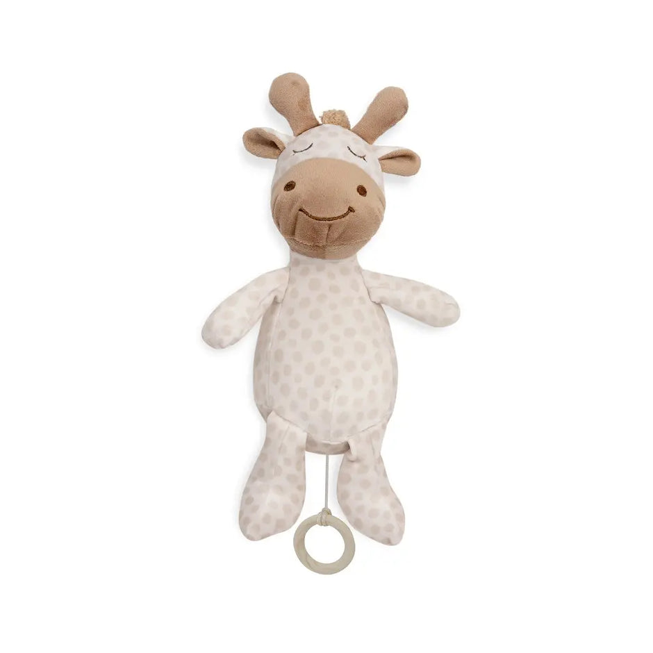 Giraffen-Kuscheltier mit integrierter Spieluhr und Zugring in Beige und Braun – Vorderansicht mit niedlichem Giraffenmuster.