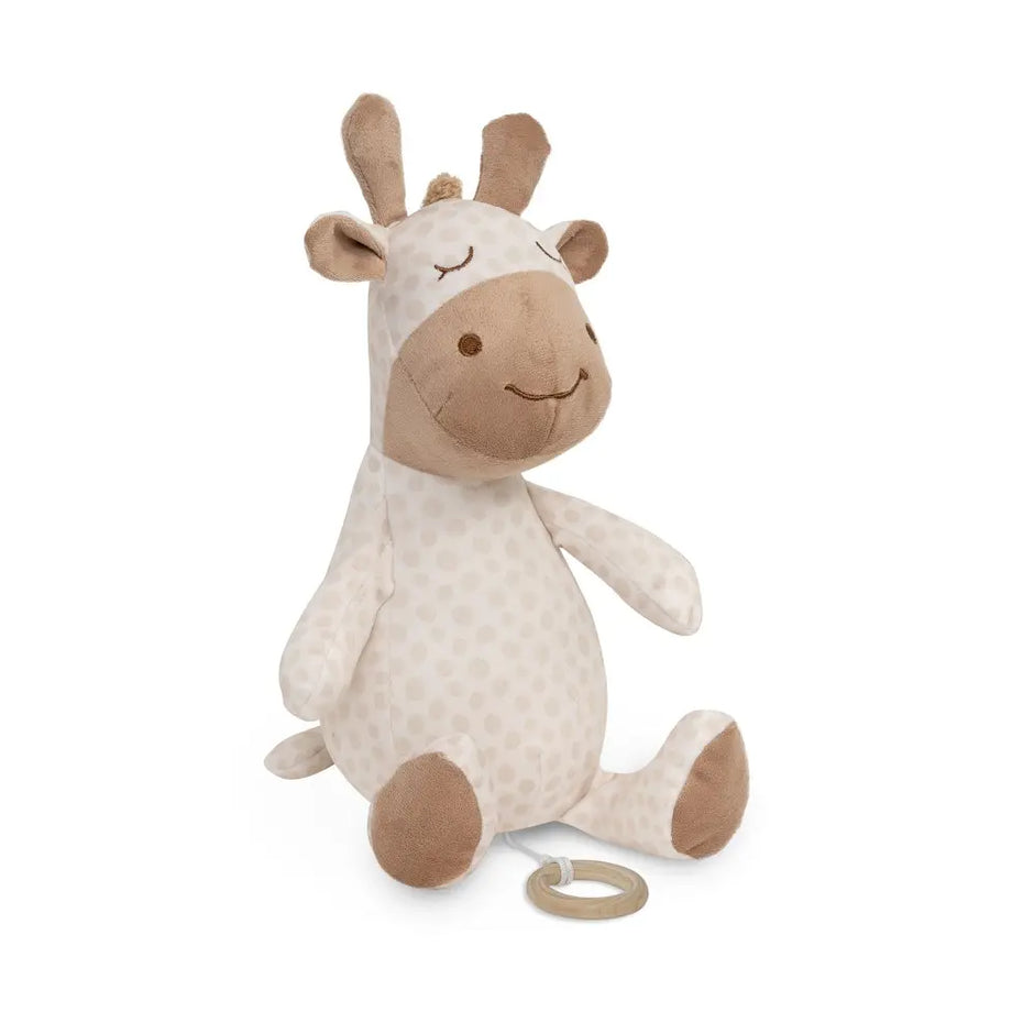 Giraffen-Kuscheltier mit integrierter Spieluhr, Zugring und weichem Plüsch in Beige und Braun – niedliche Baby-Spieluhr zur Geburt.