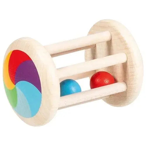 Goki Baby Greifling aus Holz mit bunten Kugeln und farbigem Motiv – Rassel und Motorikspielzeug