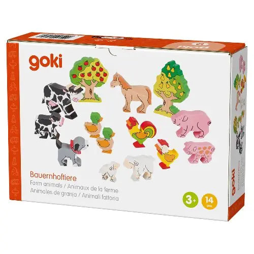 Goki Bauernhof Holzfiguren 14-teilig mit Bauernhoftieren in Originalverpackung
