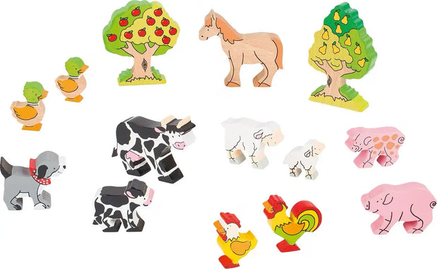 Goki Bauernhof Holzfiguren Set mit Kuh, Schwein, Schaf, Pferd, Hühnern, Enten und Obstbäumen