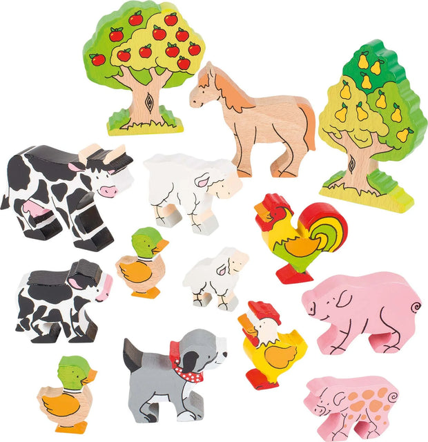 Goki Bauernhoftiere aus Holz mit Kuh, Pferd, Schaf, Schwein, Hühnern, Enten und Obstbäumen